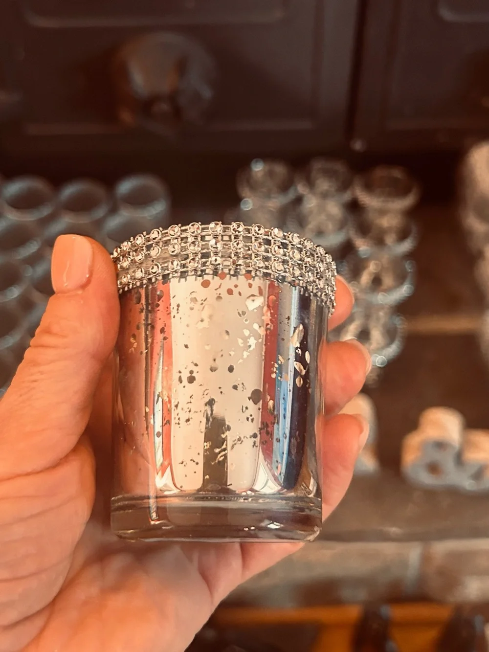 Silver glass votives 108 total used for reception tables for December wedding